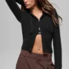 Wool Cashmere Ribbed Noble Full Zip Hoodie - Black