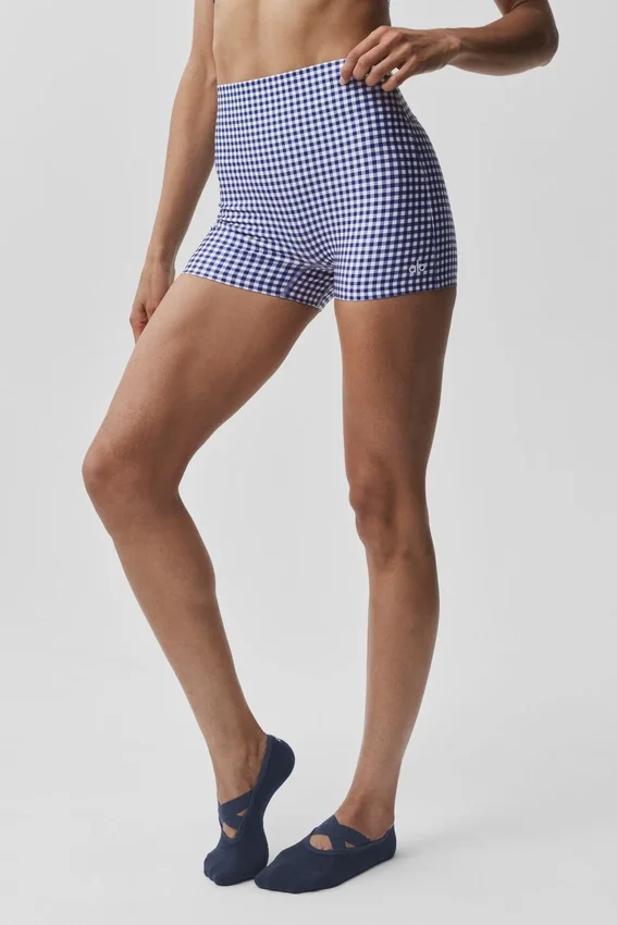 3" Airlift Gingham High-Waist Sleek Short - Navy Gingham