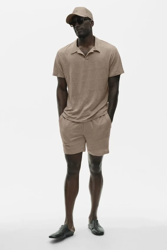 Linen Jersey Coastal Short Sleeve Polo - Gravel