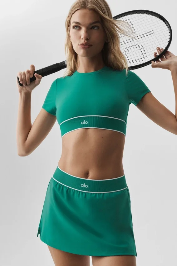 Alo Softsculpt Amp It up Short Sleeve Bra - Emerald Isle