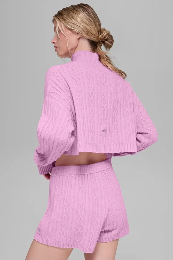 Cable Knit Cropped Winter Bliss Turtleneck Long Sleeve - Candy Heart P