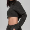 Cable Knit Cropped Winter Bliss Turtleneck Long Sleeve - Dark Heather