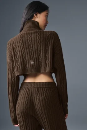 Cable Knit Cropped Winter Bliss Turtleneck Long Sleeve – Espresso