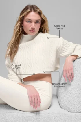 Cable Knit Cropped Winter Bliss Turtleneck Long Sleeve – Ivory