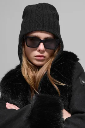 Cable Knit Winter Bliss Earflap Beanie – Black