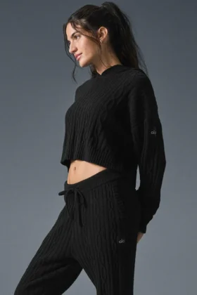 Cable Knit Winter Bliss Hoodie – Black