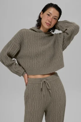 Cable Knit Winter Bliss Hoodie – Light Cocoa