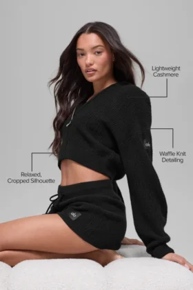 Cashmere Plush Waffle Full Zip Hoodie – Black
