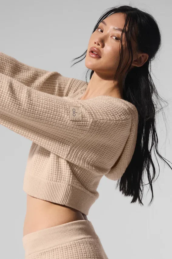Cashmere Plush Waffle Full Zip Hoodie - Macadamia Blush