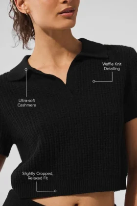 Cashmere Plush Waffle Polo Tee – Black