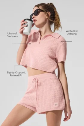 Cashmere Plush Waffle Polo Tee – Pink Quartz