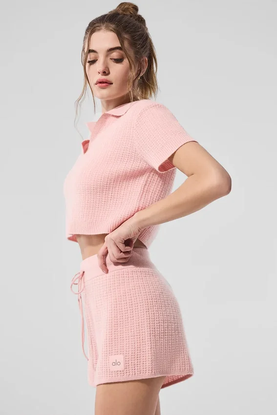 Cashmere Plush Waffle Polo Tee - Pink Quartz