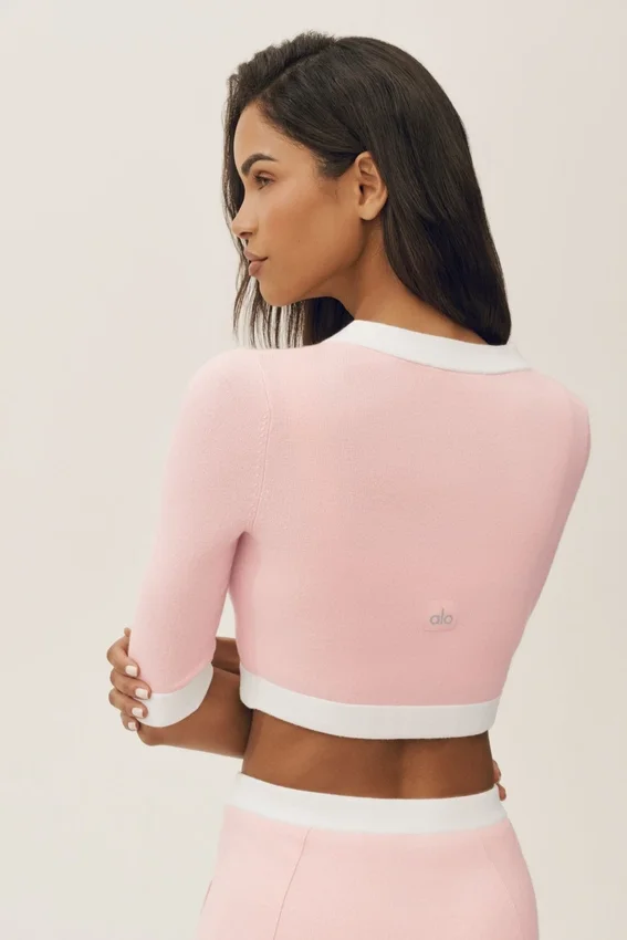 Cotton Cashmere Cropped Capri Dream Cardigan - Sundrenched Pink/White