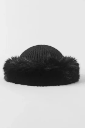 Courchevel Cashmere Faux Fur Beanie – Black