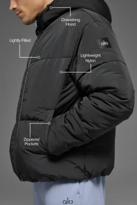 Crinkle Nylon Hooded Stage Puffer – Black