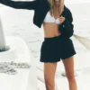 Cropped Breezy Full-Zip Cover up - Black