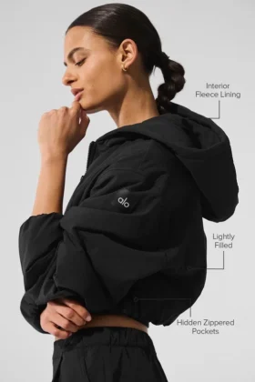 Cropped Mountain Peak Full-Zip Hoodie – Black