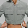 Cropped Pinstripe Main Character Full Zip Jacket - Lunar Grey/White