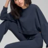Cropped Sway Crew Neck Pullover - Navy