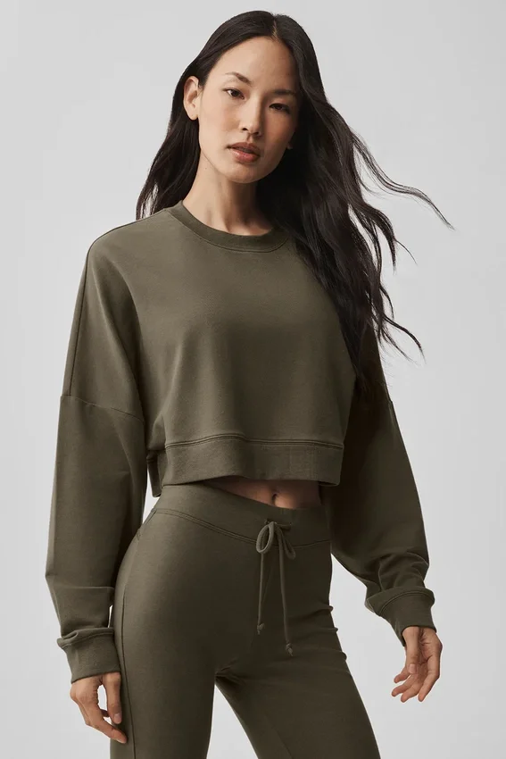 Cropped Sway Crew Neck Pullover - Olive Tree