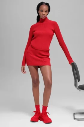 Denim Knit High-Waist Skirt - Bright Red