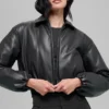 Faux Leather Cropped Premier Bomber - Black