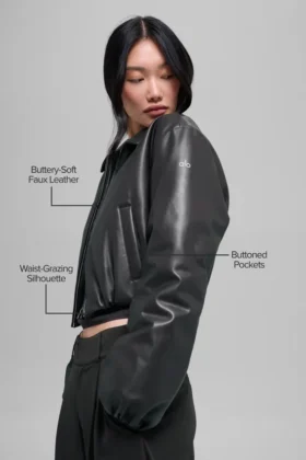 Faux Leather Cropped Premier Bomber – Black