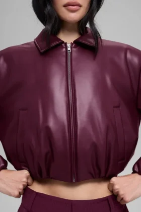 Faux Leather Cropped Premier Bomber – Burgundy