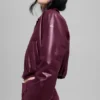Faux Leather Cropped Premier Bomber - Burgundy