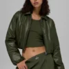Faux Leather Cropped Premier Bomber - Green Olive