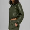 Faux Leather Cropped Premier Bomber - Green Olive