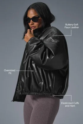 Faux Leather Premier Bomber – Black