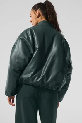 Faux Leather Premier Bomber – Charcoal Green