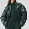 Faux Leather Premier Bomber - Charcoal Green