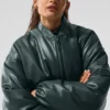 Faux Leather Premier Bomber - Charcoal Green