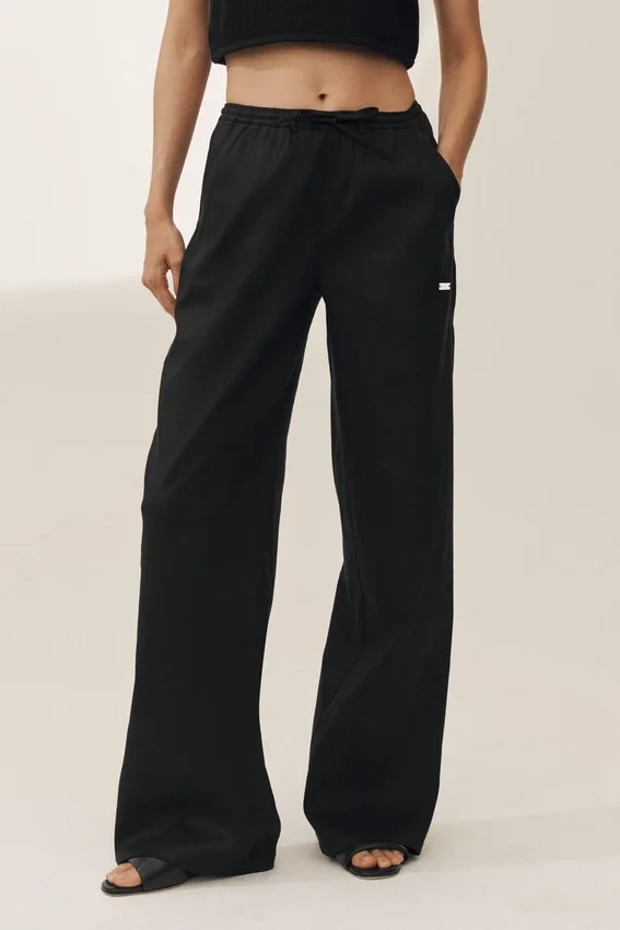 Linen Blend Riviera Wide Leg Pant - Black