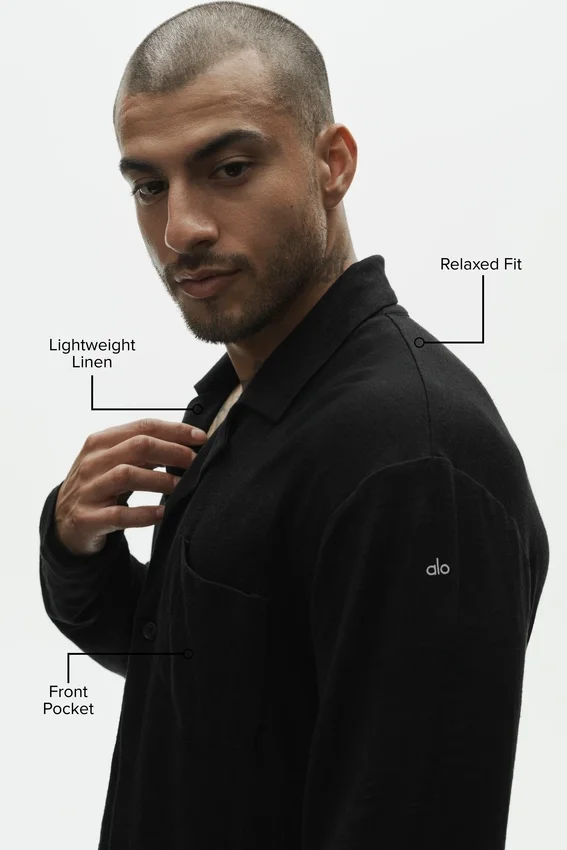 Linen Jersey Coastal Long Sleeve Button up - Black