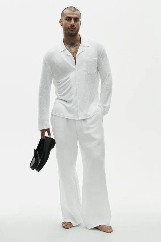 Linen Jersey Coastal Long Sleeve Button up - White