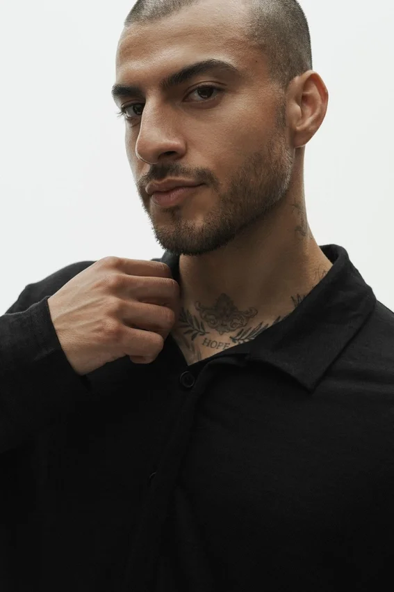 Linen Jersey Coastal Long Sleeve Pullover - Black