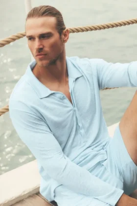 Linen Jersey Coastal Long Sleeve Pullover - Seaside Blue