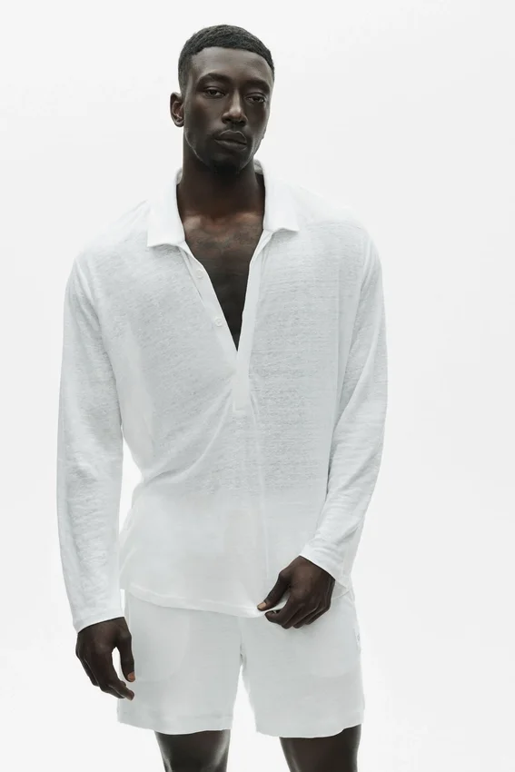 Linen Jersey Coastal Long Sleeve Pullover - White