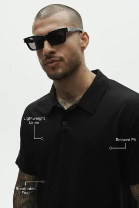 Linen Jersey Coastal Short Sleeve Polo – Black