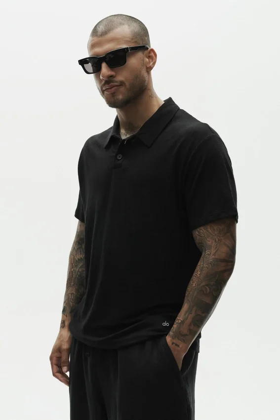 Linen Jersey Coastal Short Sleeve Polo - Black