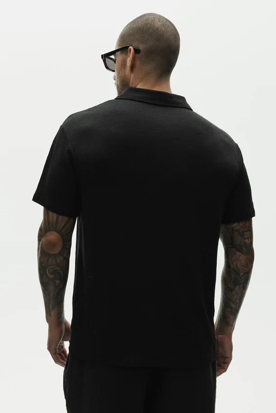 Linen Jersey Coastal Short Sleeve Polo - Black