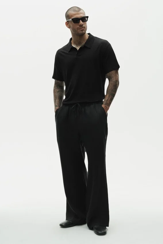 Linen Jersey Coastal Short Sleeve Polo - Black