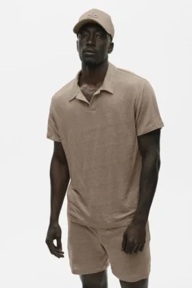 Linen Jersey Coastal Short Sleeve Polo - Gravel