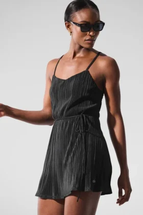 Micro Plisse Game on Tennis Dress - Black