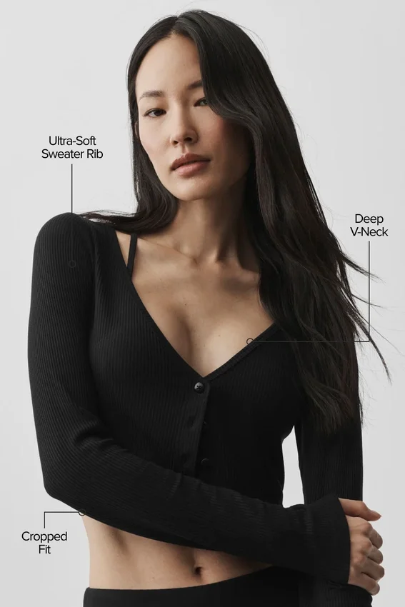 Ribbed Cropped Whisper Cardigan - Black