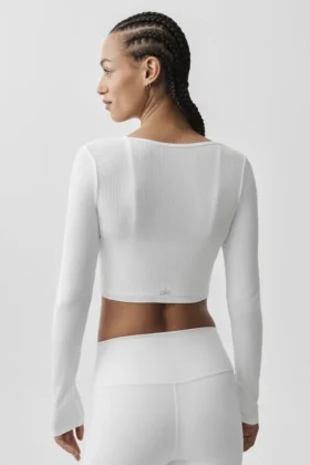 Ribbed Cropped Whisper Cardigan – White