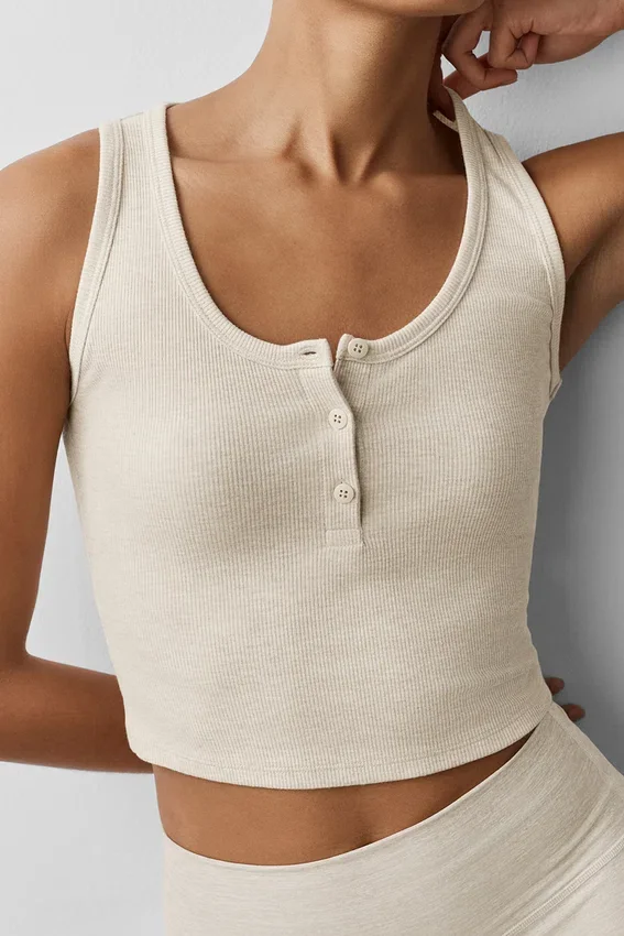 Ribbed Modal Henley Tank - Oatmeal Heather